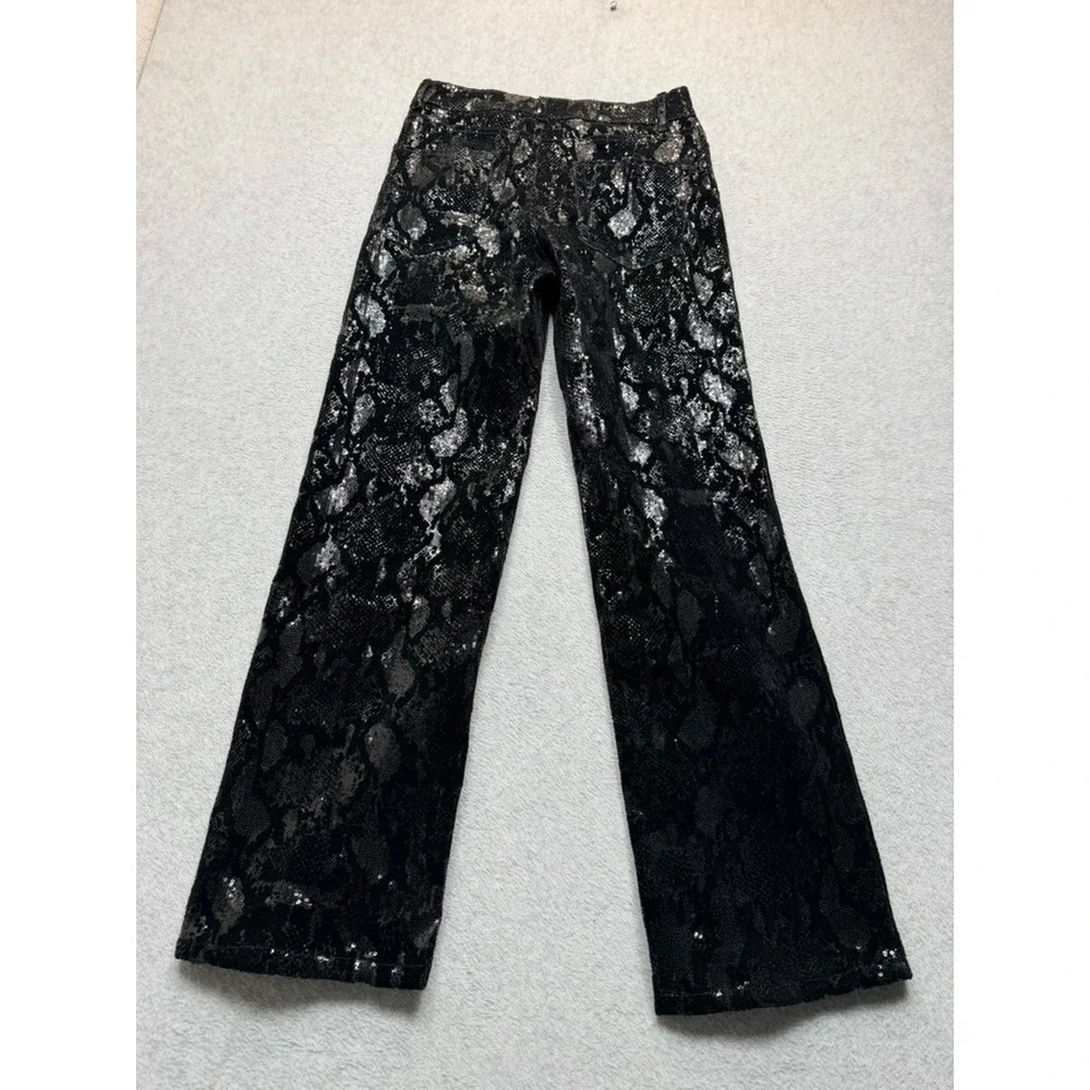 Zara Womens Black Silver Sequin Snakeskin Wide Leg Pants High Rise Trousers
